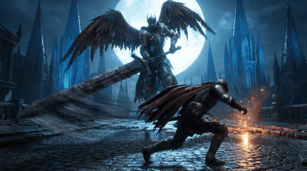 Player fighting a giant winged boss in the Gothic Capital biome of Dark Souls Archthrones.