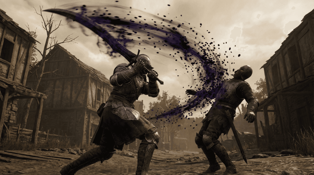 Player using a curse-infused weapon in Dark Souls Archthrones to inflict enfeeblement on an enemy in the War-Torn Village.