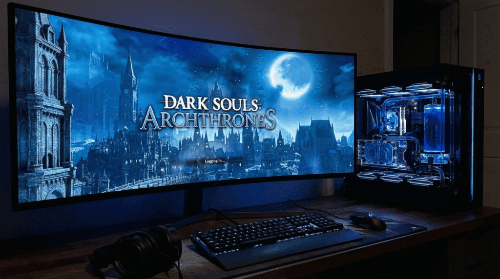 Dark Souls Archthrones custom main menu screen showing the server login status and Gothic Capital background.
