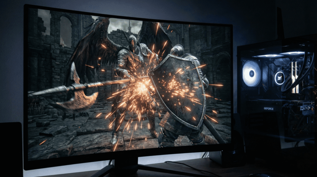 A player executing a perfect deflection against a boss attack in Dark Souls Archthrones.