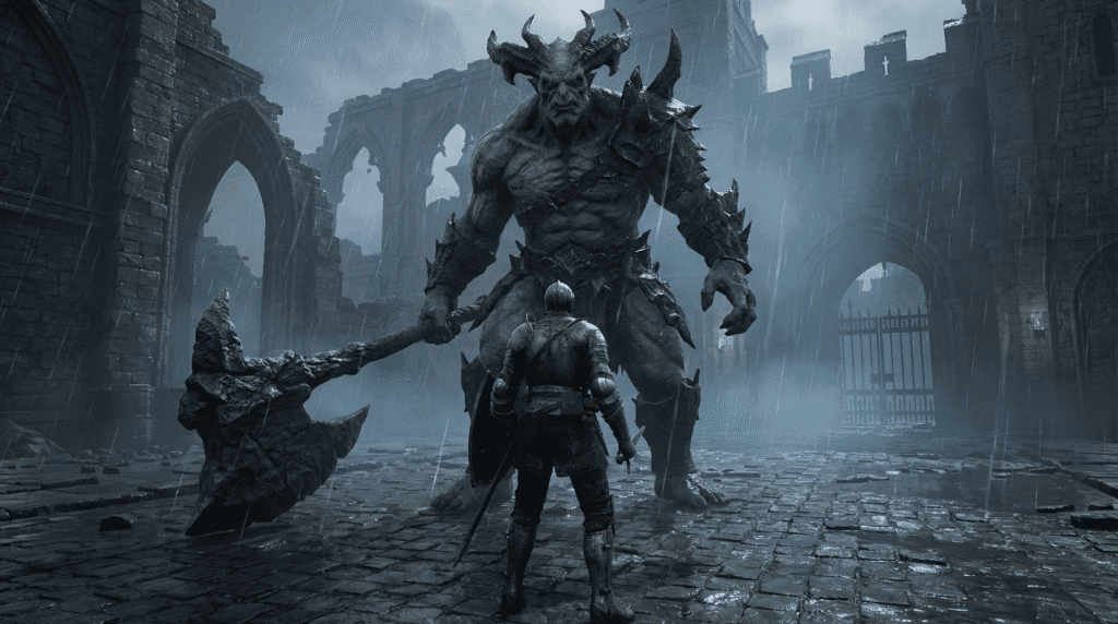 Demon Vanguard boss holding a greataxe in the Rainswept Outpost in Dark Souls Archthrones.