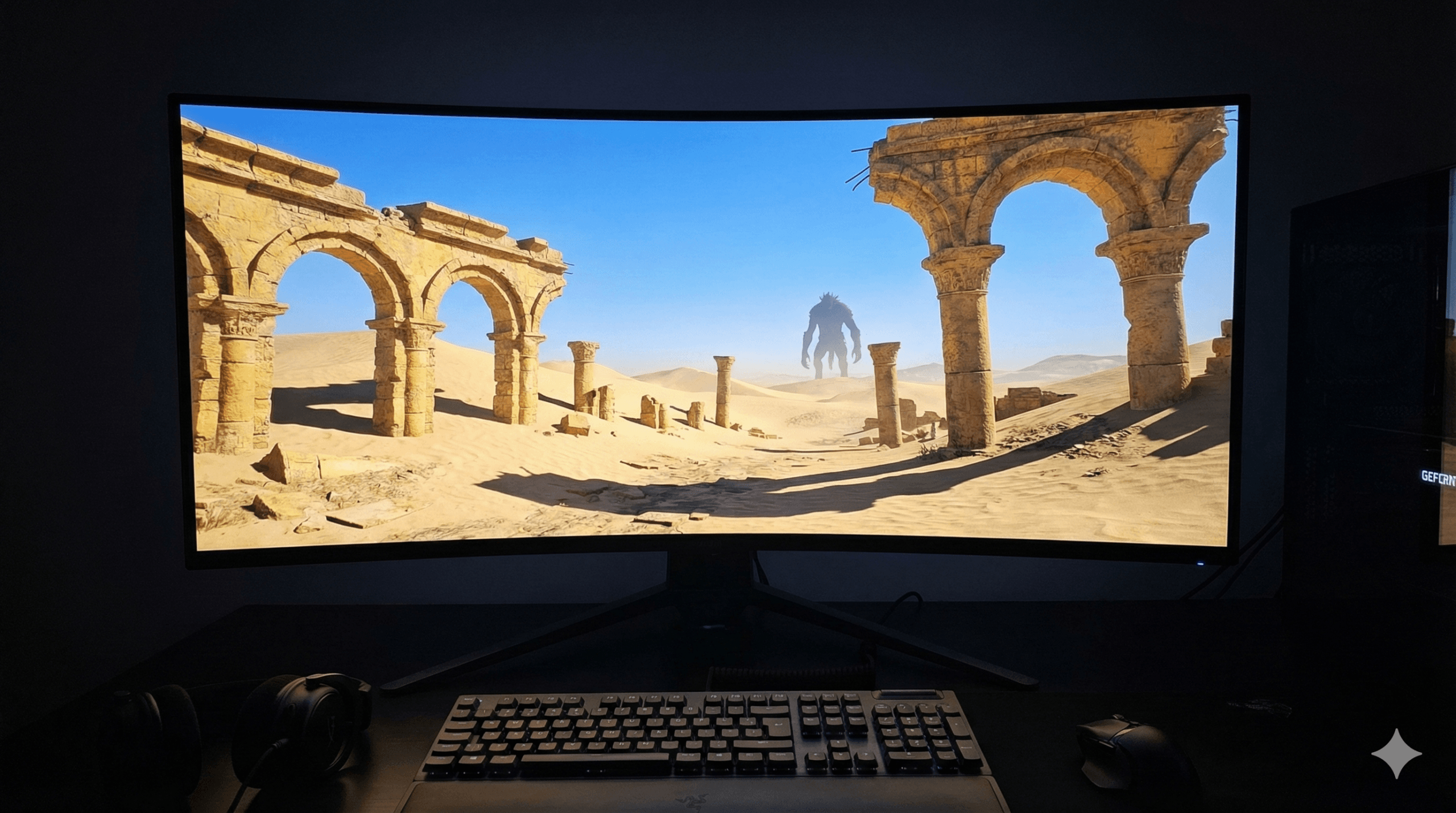 The Desert Ruins area in Archthrones, featuring sand dunes and ancient stone arches under a blue sky.