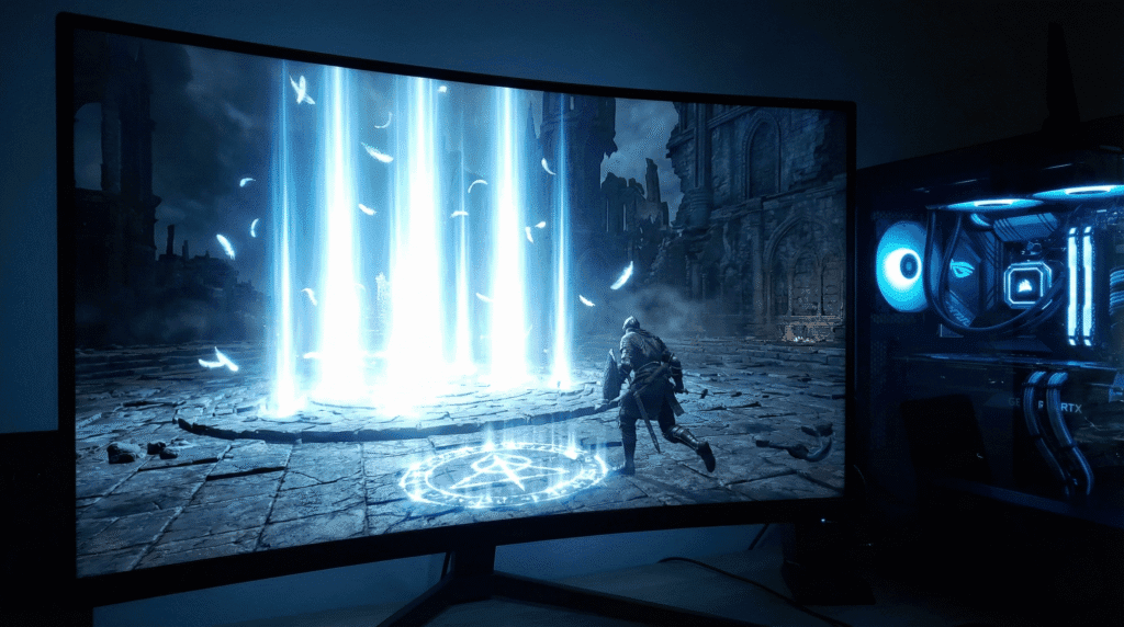 Divine Pillars of Light miracle erupting from the ground during the Angel of Gertrude boss fight.