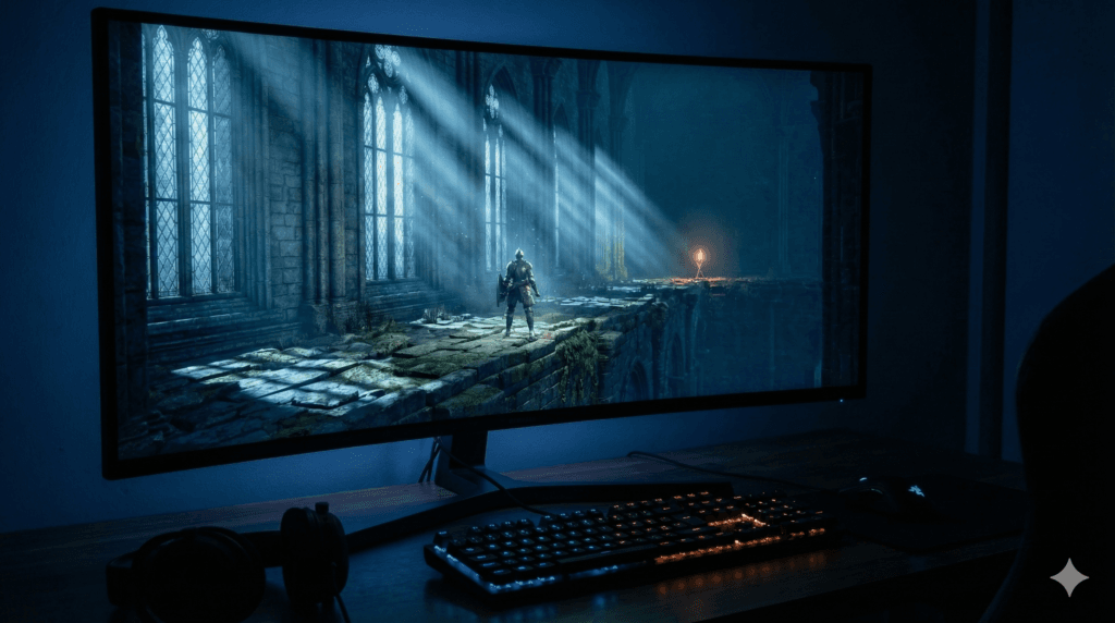 Dark Souls Archthrones Nexus hub area with gothic architecture and volumetric lighting, representing the modded game environment.