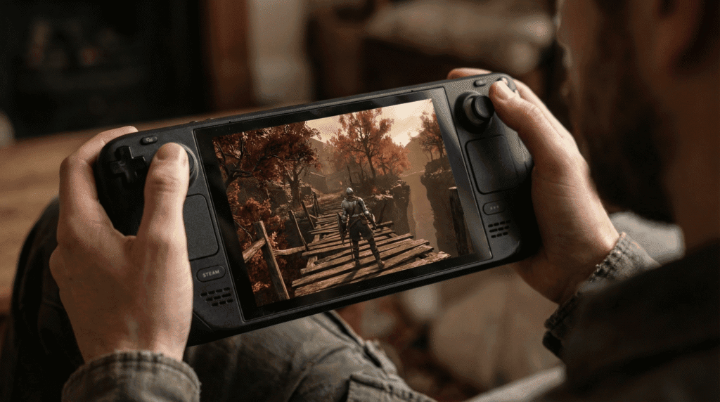 A Steam Deck handheld running Dark Souls Archthrones gameplay in the War-Torn Village area.