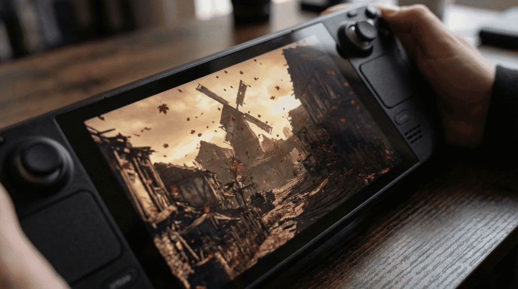 Dark Souls Archthrones War-Torn Village biome running on Steam Deck screen showing high density assets.