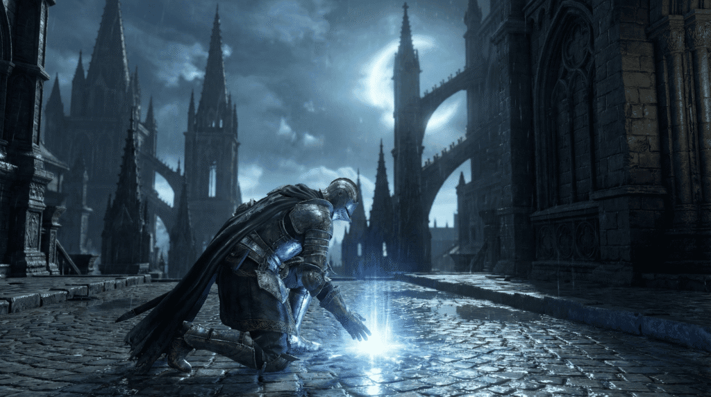A player interacting with a blue summon sign in the Gothic Capital area of Archthrones.