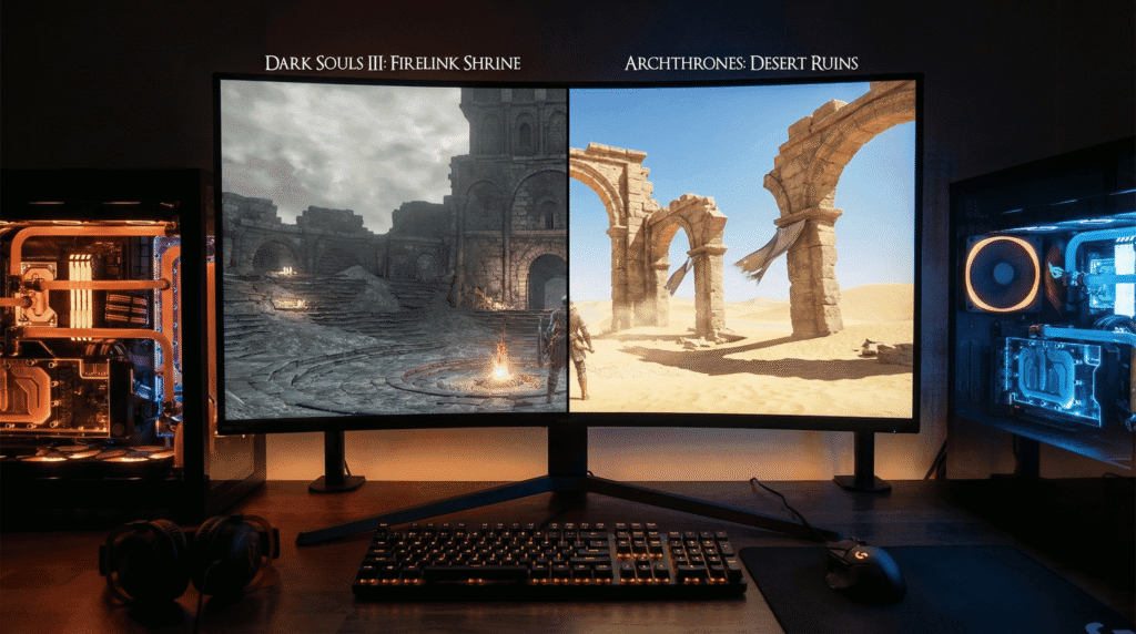 Side-by-side graphics comparison: Vanilla Dark Souls 3 Firelink Shrine versus Archthrones Desert Ruins biome.