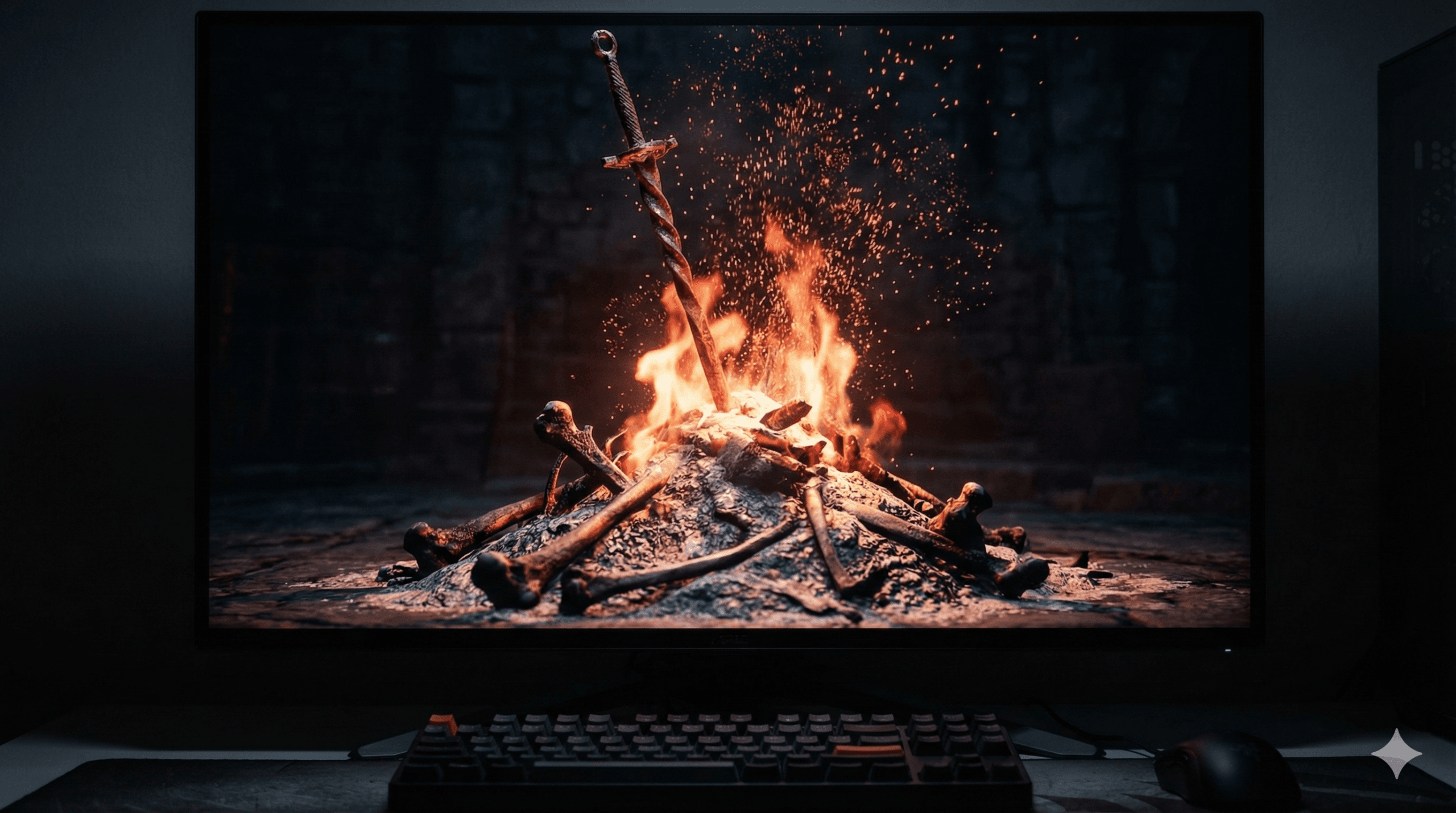 A lit bonfire in Dark Souls 3, symbolizing the game's save system and the need for data backup.