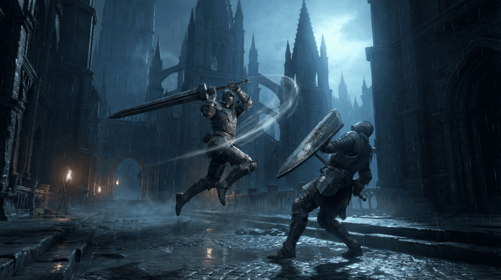 Dark Souls Archthrones gameplay showing a player performing a Guard Counter attack with a greatsword against a staggered Cathedral Knight.