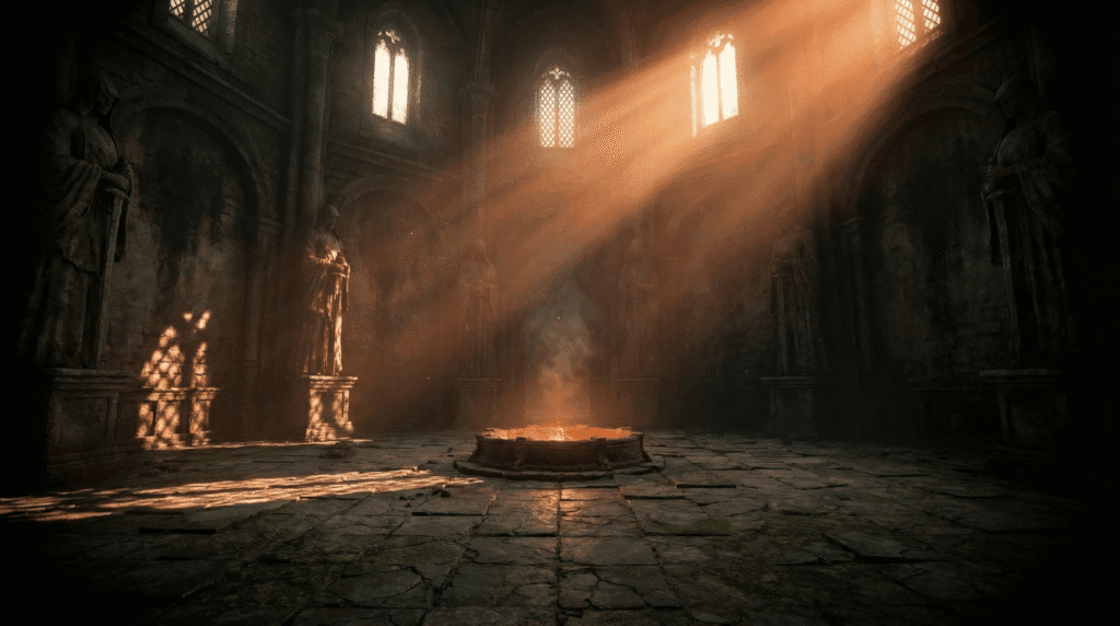 Dark Souls Archthrones gameplay screenshot showing the Nexus of Embers hub area with volumetric lighting and stone statues.
