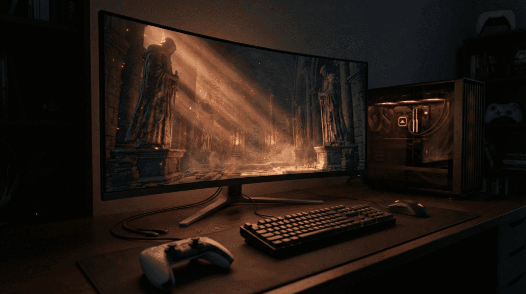 A high-end PC gaming setup running Dark Souls Archthrones in the Nexus of Embers hub area, with a PS5 controller on the desk.