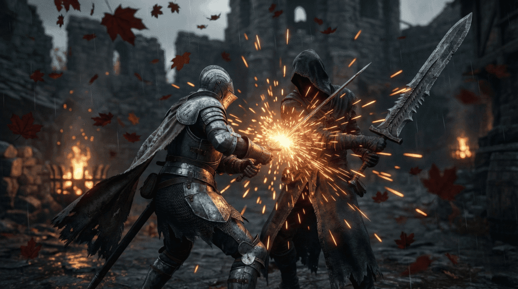 Close-up gameplay screenshot of Dark Souls Archthrones showing the new deflection mechanic with bright orange sparks flying upon a perfect block in the War-Torn Village.