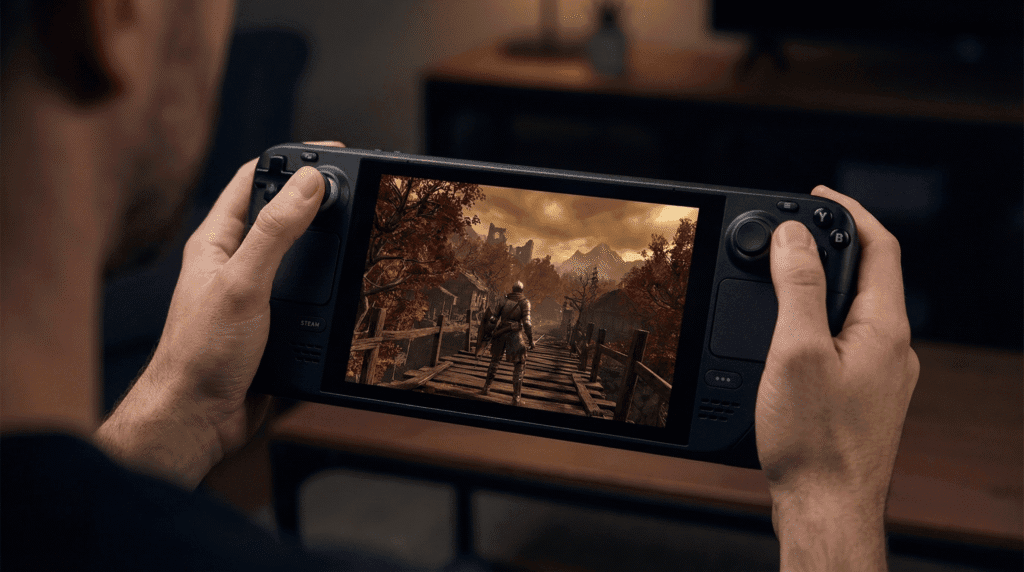 Steam Deck handheld console running Dark Souls Archthrones in the War-Torn Village area.