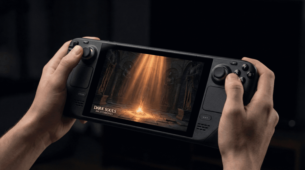 Steam Deck handheld console displaying Dark Souls Archthrones gameplay in the Nexus of Embers hub area.