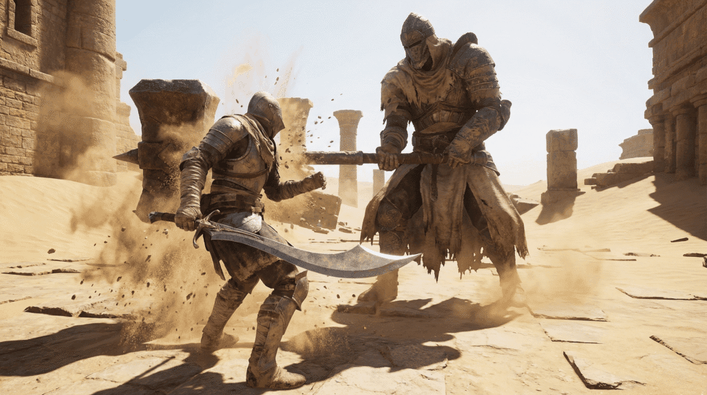 Gameplay of a dual-wielding character in Archthrones deflecting an attack in the Desert Ruins without using a shield.