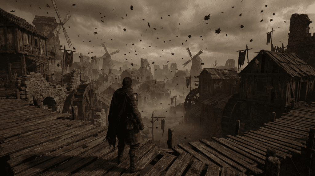 Dark Souls Archthrones War-Torn Village gameplay showing high density autumn trees and windmills causing low FPS.