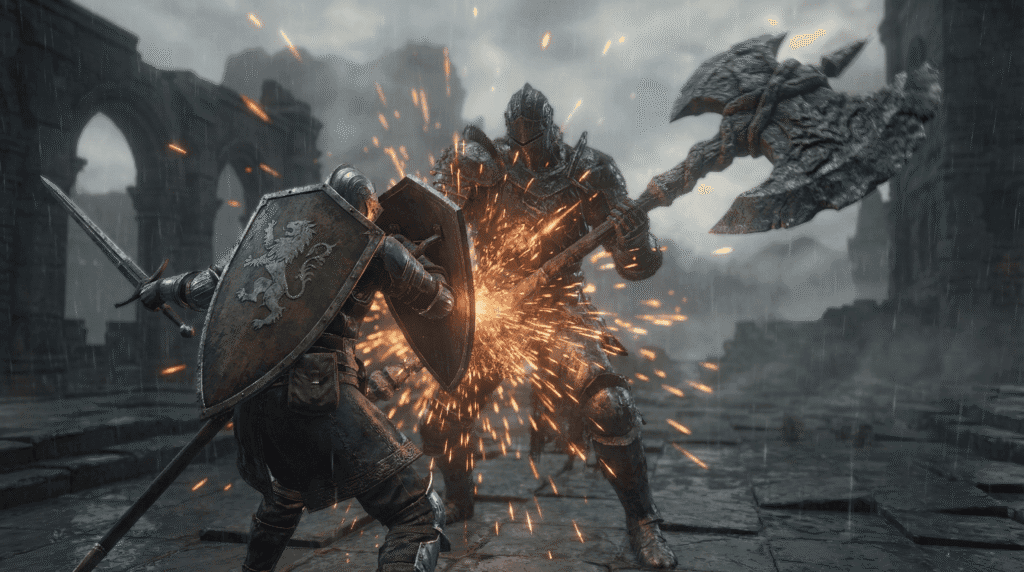 Player performing a perfect deflection guard counter against the Demon Vanguard's axe attack.